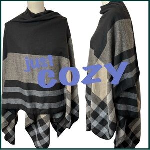 Just Cozy Black/Grey/Taupe Plaid Poncho Wrap Blanket Scarf (28"x58")